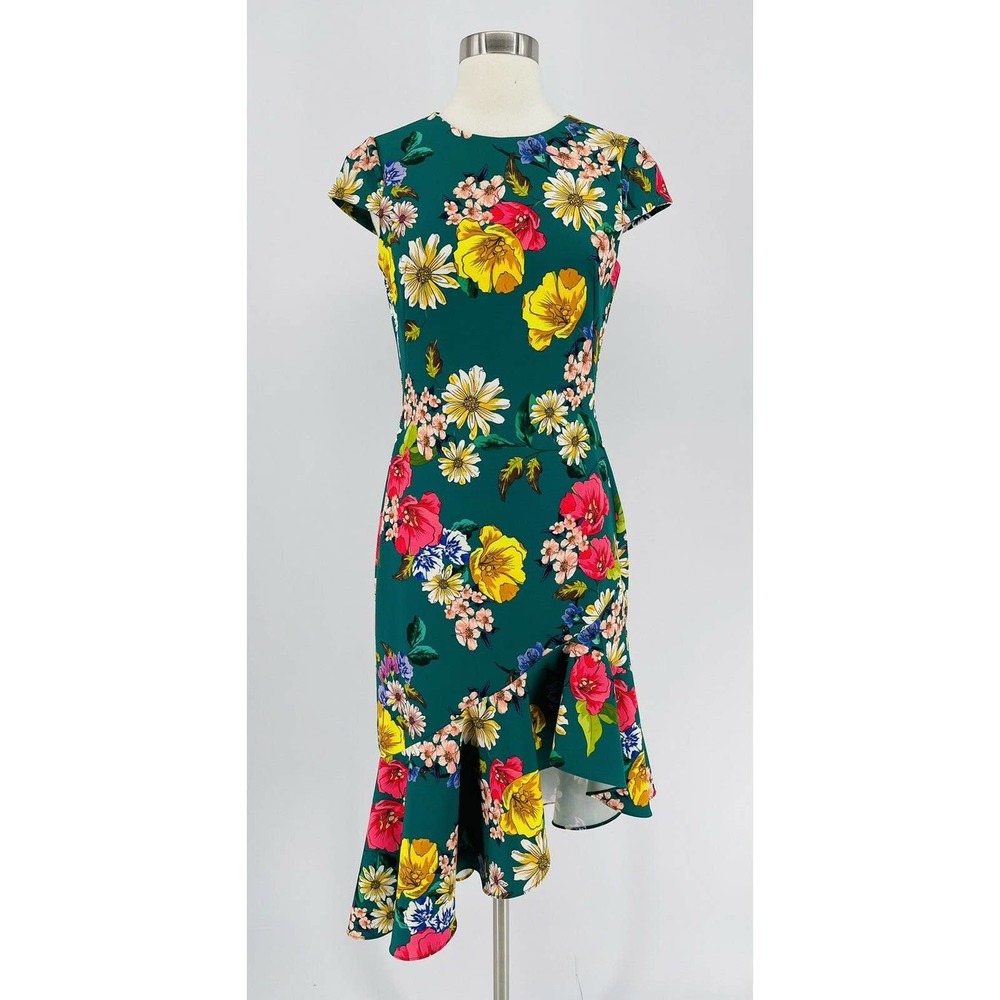 Black Halo Breelle Dress Green Floral Asymmetrical Hem Flutter Sleeve Size 2